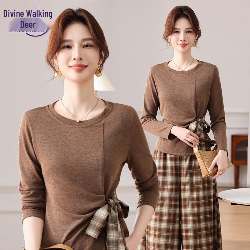 

Elegant Middle-Aged Women s Spring Suit: Long-Sleeved Top & Plaid Trousers Two-Piece Set 5XL [150-165 lbs] кавовий
