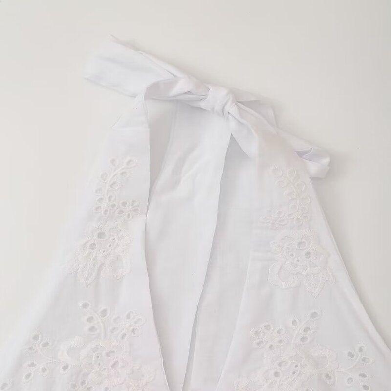 Fashion Style 2024 Summer New Arrival Women's Stylish Hanging Collar Embroider Poplin Dress Short Skirt 0881333