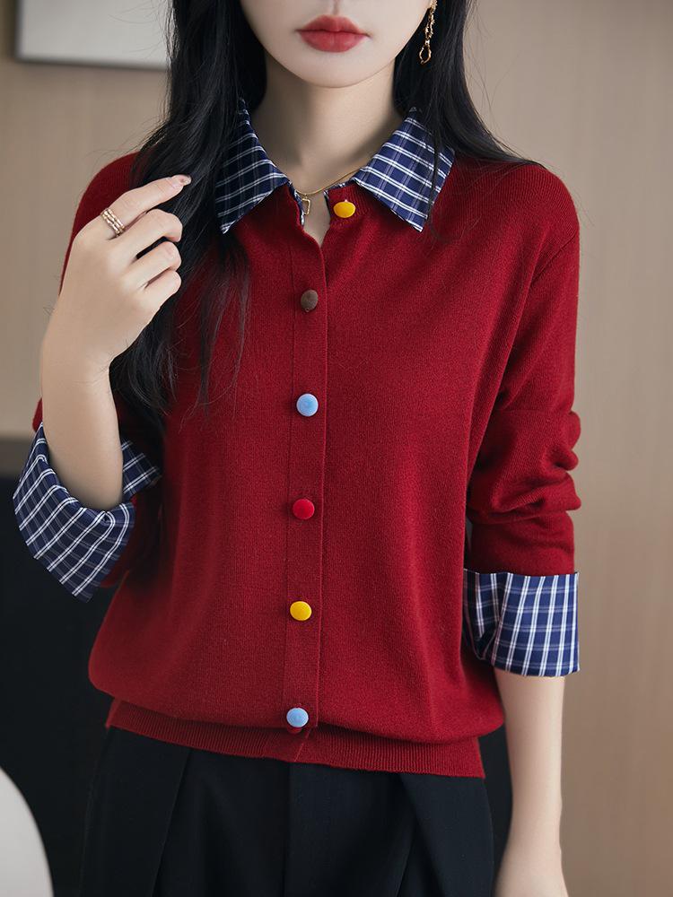 

Ангола Красный Женский Вязаный Кардиган из Двух Частей с Воротником Поло - Длинный Рукав, Колорблок, Топ на Весну/Осень. XXL