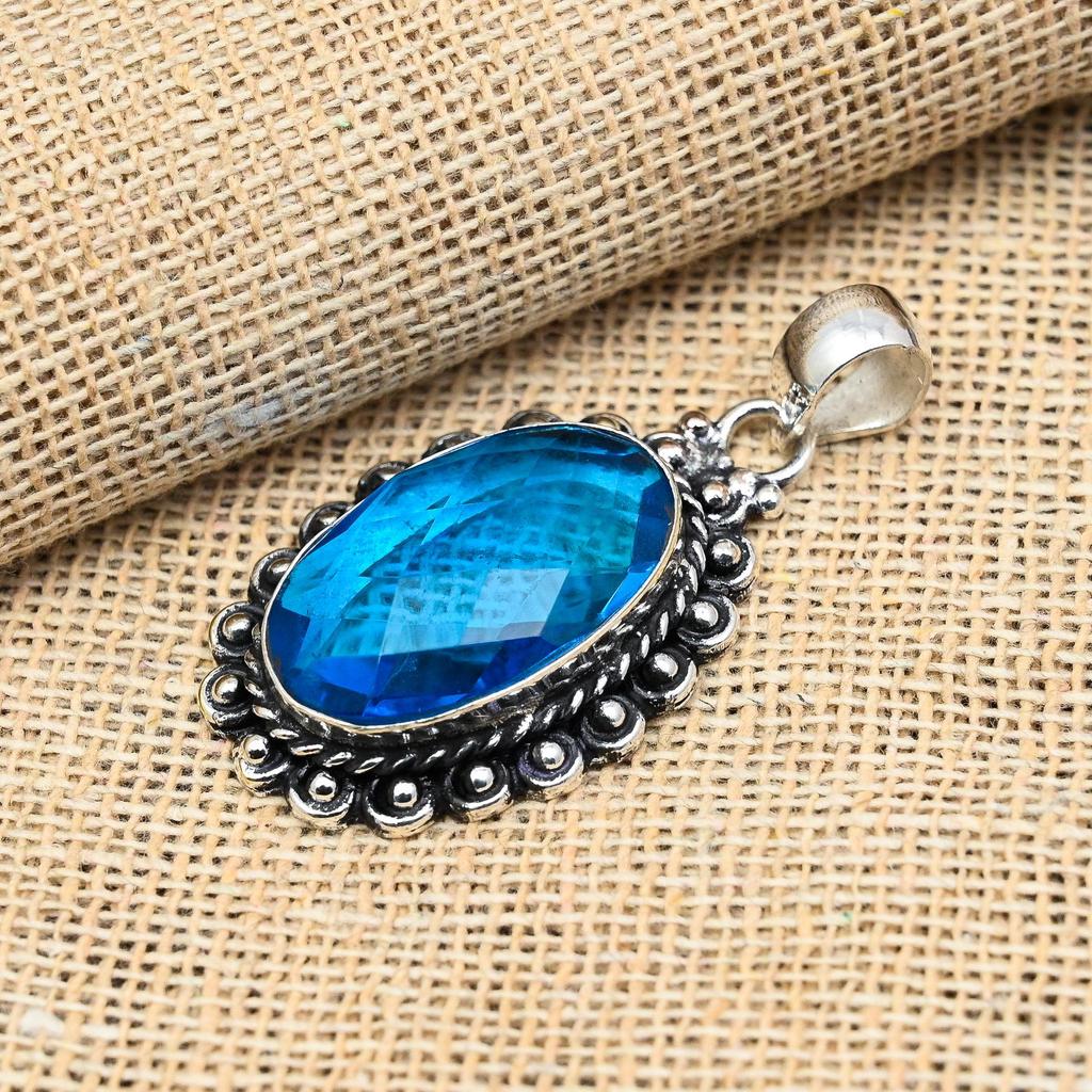 Pretty Blue Topaz Gemstone Handmade 925 Solid Sterling Silver Pendant For Wedding Gift
