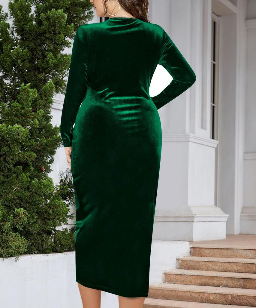 Plus Size Velvet Bodycon Dress - Long Sleeve, Pleated, Deep V Neck for Parties & Cocktails