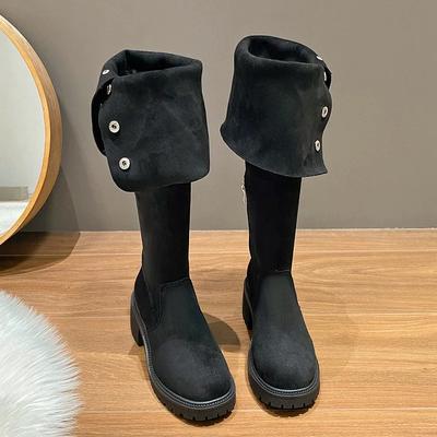 Botas Retro Marrons de Cano Alto com Sola Grossa para Mulheres no Outono e Inverno 2024novo Camurça Duas Formas Versátil Botas de CavaleiroBotas Longas