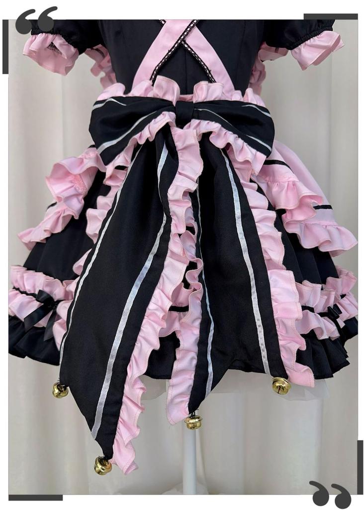 Maid Gothic Kellnerin Cosplay Kostüm mit Rüschen Lolita Ordentlich und Perfekt für Cafés und Vergnügungskurz Schwarz und Pink Ohrgröße [Shangki