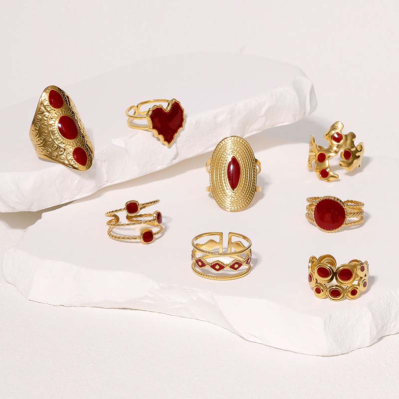 Vintage Red Drip Oil Geometric Rings for Women Stainless Steel Gold Color Heart Opening Adjustable Finger Rings Jewelry New