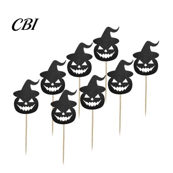 Halloween Cupcake Toppers 8 Pcs Toppers, Black Glitter Witch Hat Pumpkin Cake Topper Picks for Party Supplies, Birthday Decoration Dark