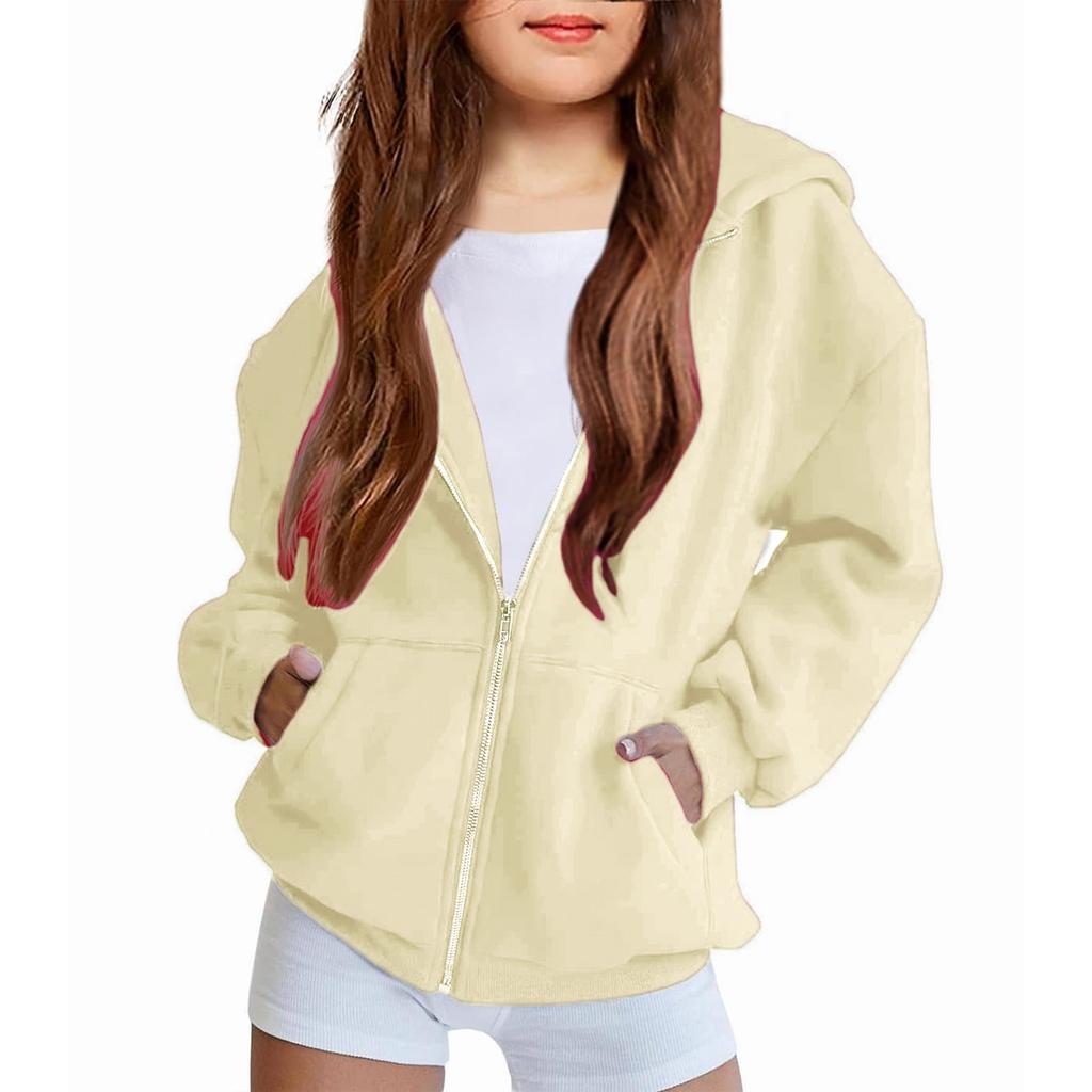 Children's Relaxed-Fit Zipper Hooded Sweatshirt Jacket Solid Color Hoodie With Pockets
