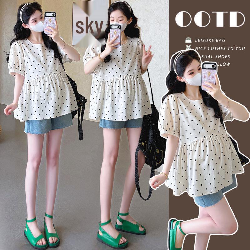 2026 Summer Maternity Polka Dot Loose-Fit Belly Cover Top - Korean Style Fashion Doll Shirt XL
