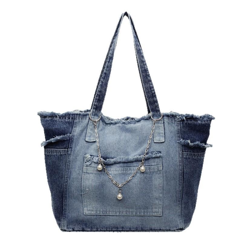 Niche Raw Edge Denim Tote Bag 2025, Women's Large Capacity Commute Shoulder Bag with Fashion Silk Scarf