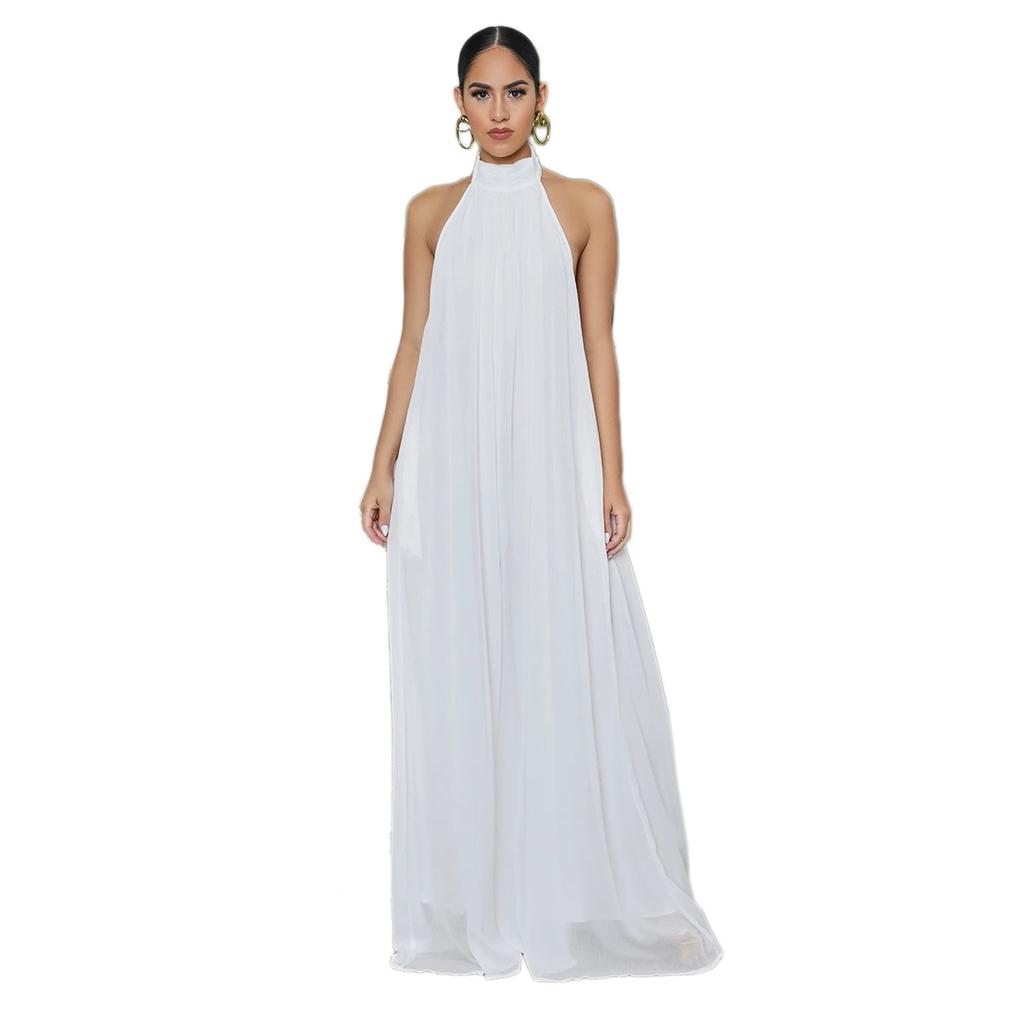 Tuta da donna con scollo all'americana, senza maniche, tinta unita, in chiffon, gamba larga, schiena scoperta, morbida, fluida, pantaloni lunghi, tutina