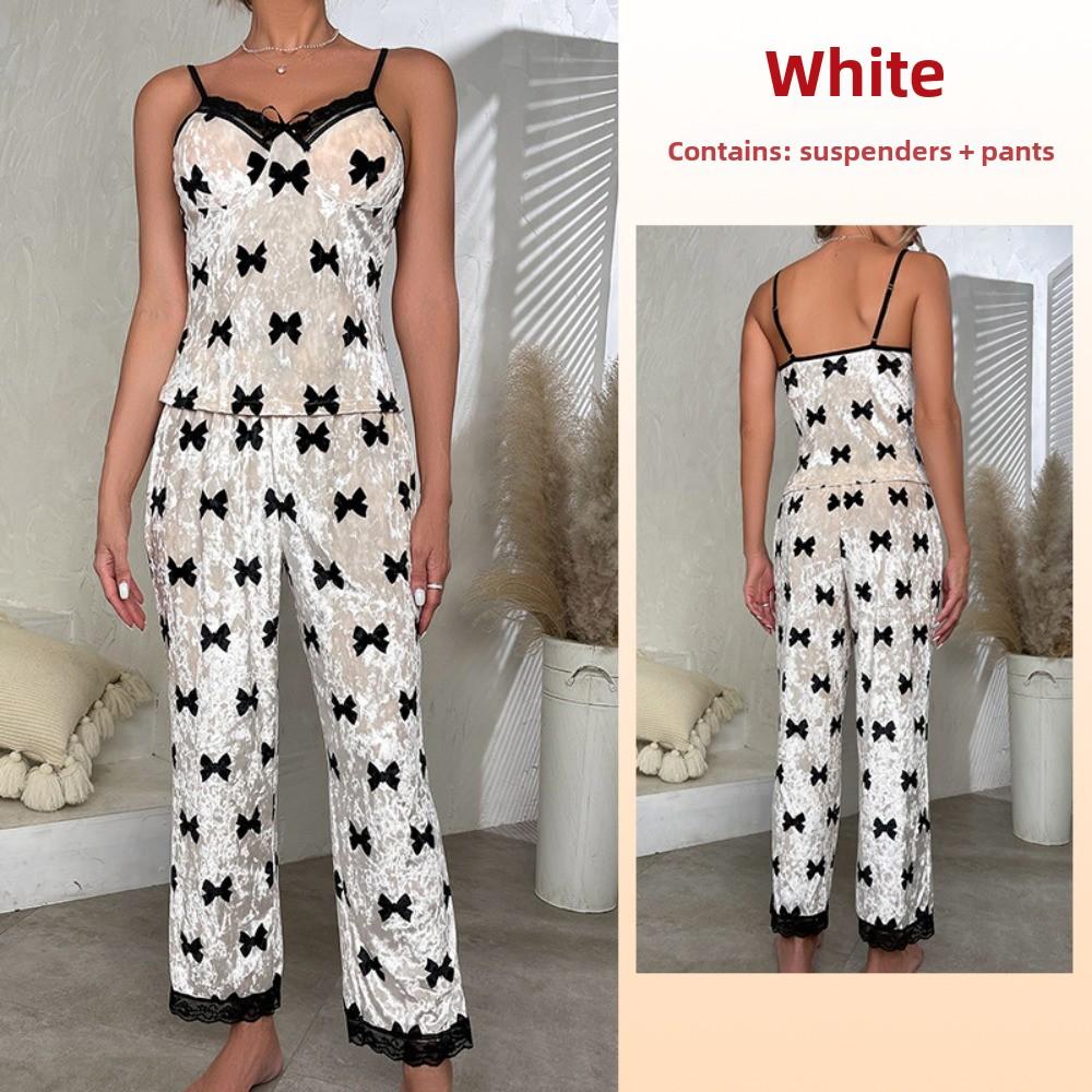Bow Velvet Suspender Skirt Set Printed Lace Sexy Nightdress