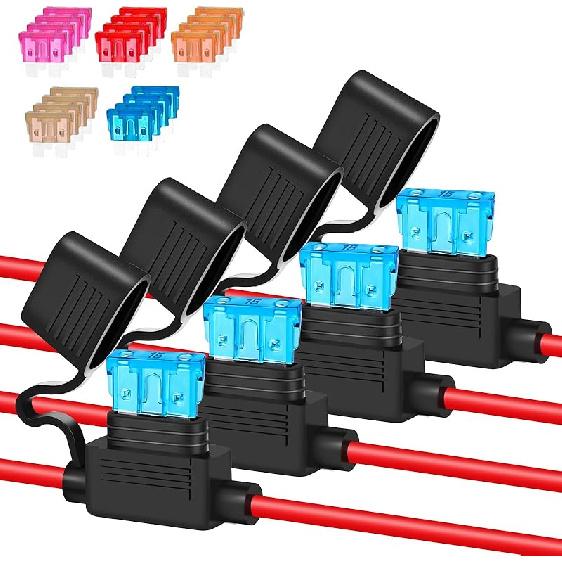 Inline Fuse Holder 12V/24V Waterproof, 4 Pack Heavy Duty 12AWG Automotive Blade Fuse Block For Car Truck Marine Boat RV, Complete Kit With 40Pcs