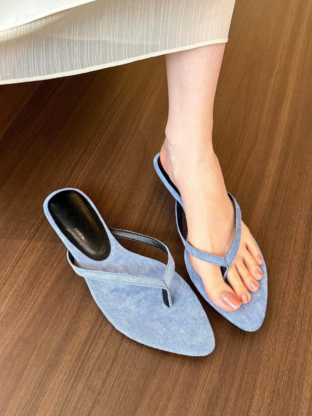 

Пляжный отдых! Синие остроносые шлепанцы женские летние замшевые универсальные туфли на толстом каблуке 35