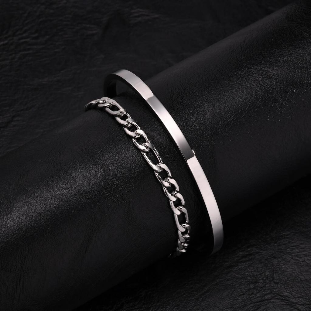 2 stuks Heren Kettingarmbanden, Roestvrij Staal Manchet Bangle Armband, Casual Sieraden Set voor Echtgenoot Vader