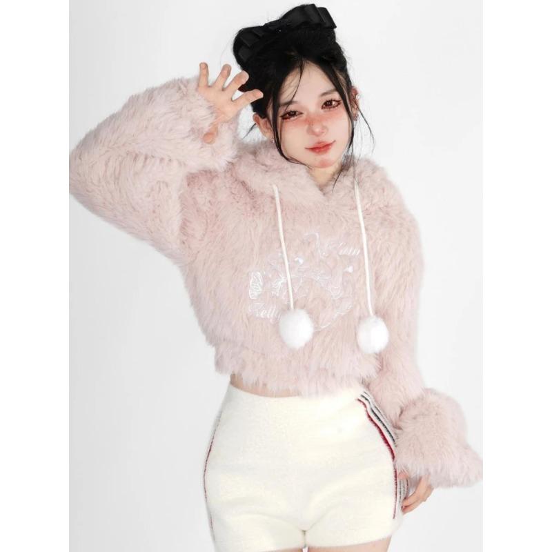 Warm Pink Lolita Kawaii Sweater Women Loose Japanese Sweet Fairy Hooded Tops Female Long Sleeve Korean Pullovers Winter 2024 New