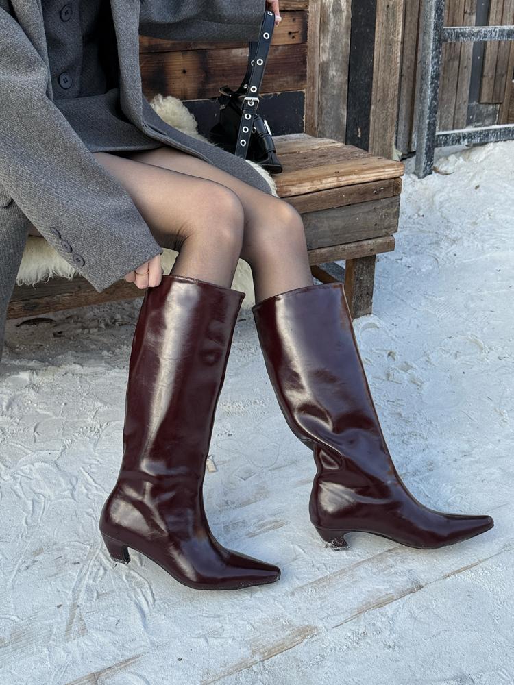 Fashion IPPEUM Knee High Boots For Women Kitten Heel 2025 New Burgundy Boots Leather Shoes