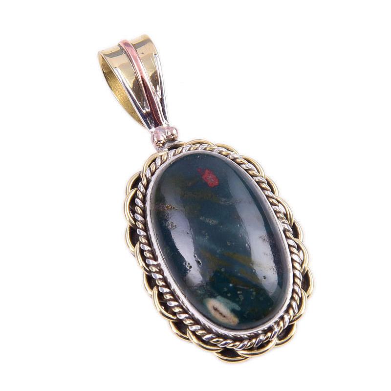 Natural Bloodstone Gemstone 925 Solid Sterling Silver TwoTone Pendant 1.50" H3w05