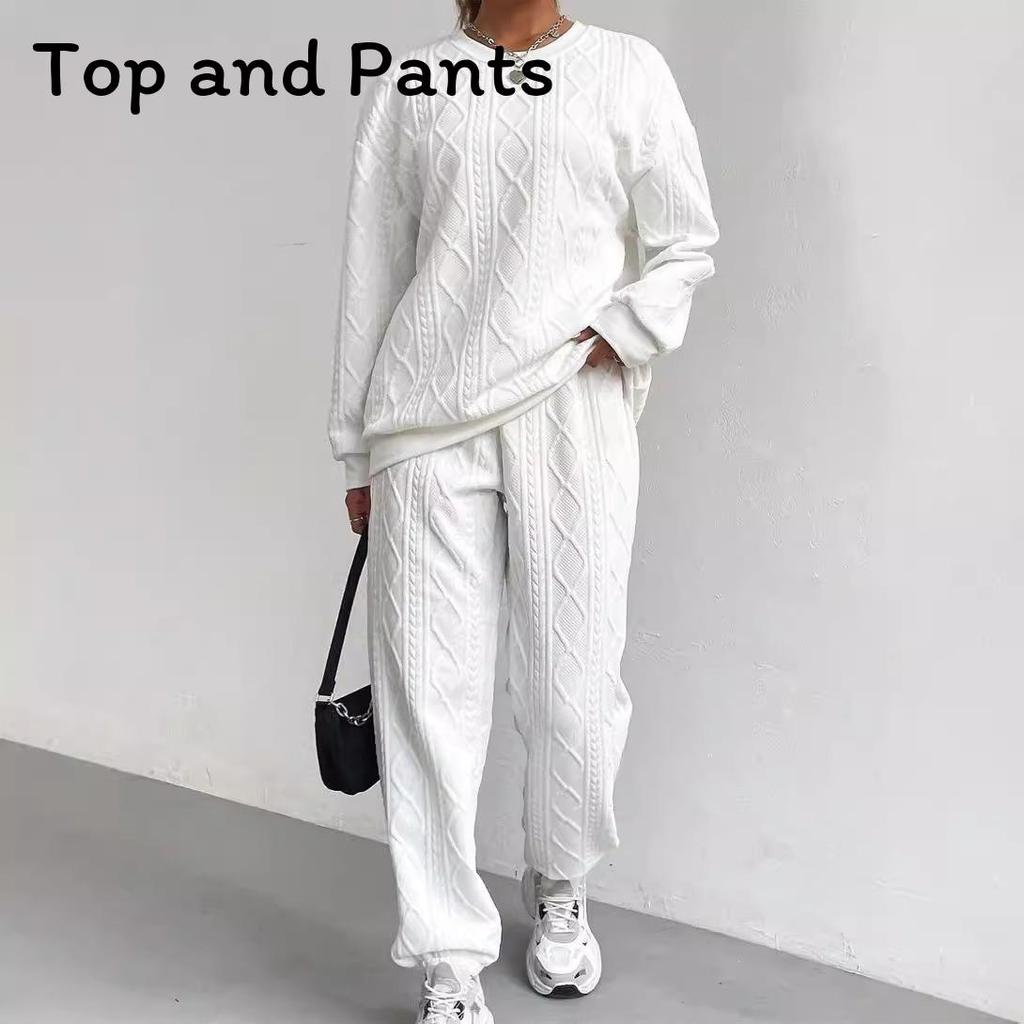 Autumn Winter Trendy Geometric Pattern Knit Pantsuit For Women Casual Lounge Wear