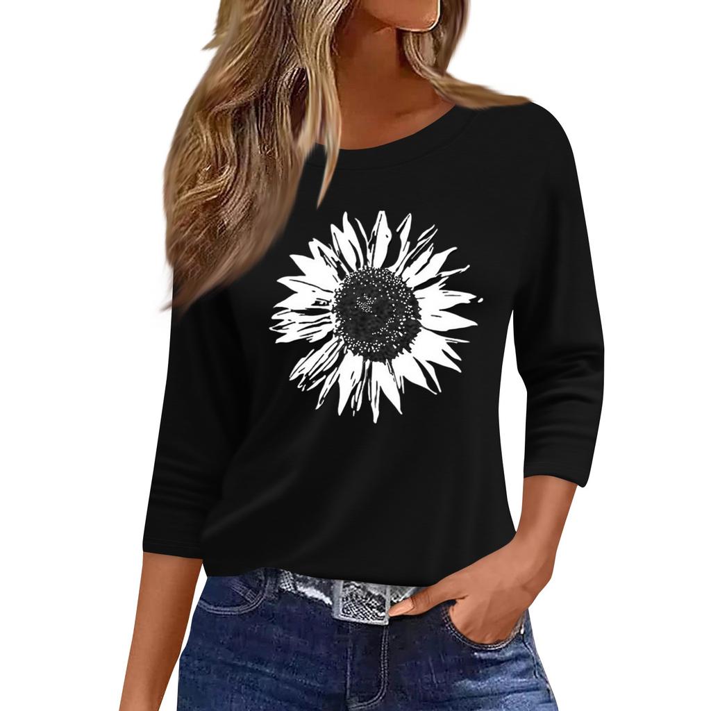 Dámská móda ležérní tričko s kulatým výstřihem, 3/4 rukávem, volným potištěným tričkem, dámský top