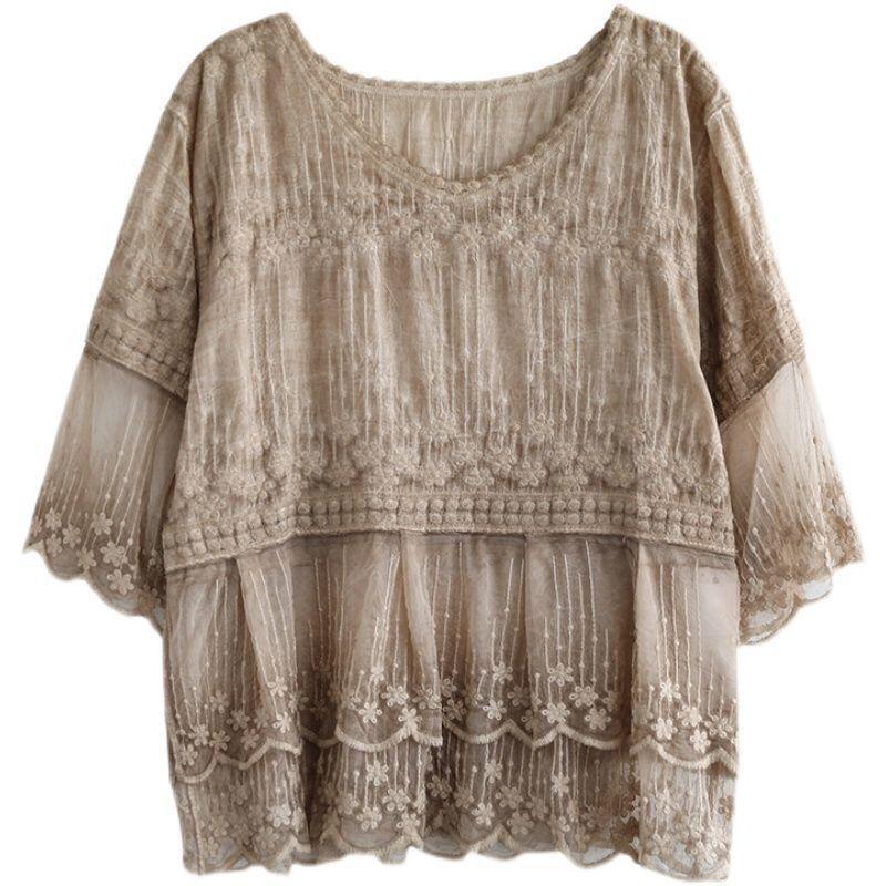 Elegant Fashion Women's Round Neck Lace Patchwork Tops Summer New Loose Casual Solid Color Half Sleeve T-shirt Female Clothing