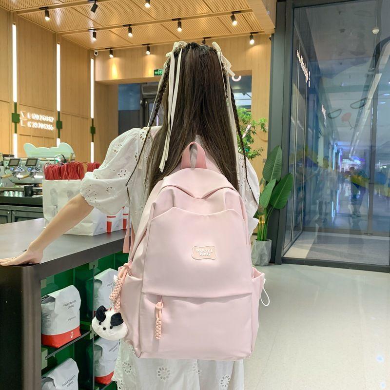 

for Junior High School Girls Large Capacity Simple and Lightweight Junior High School Girls Student Only Easiest for Match Backpack Good-looking Pink_bag with pendant