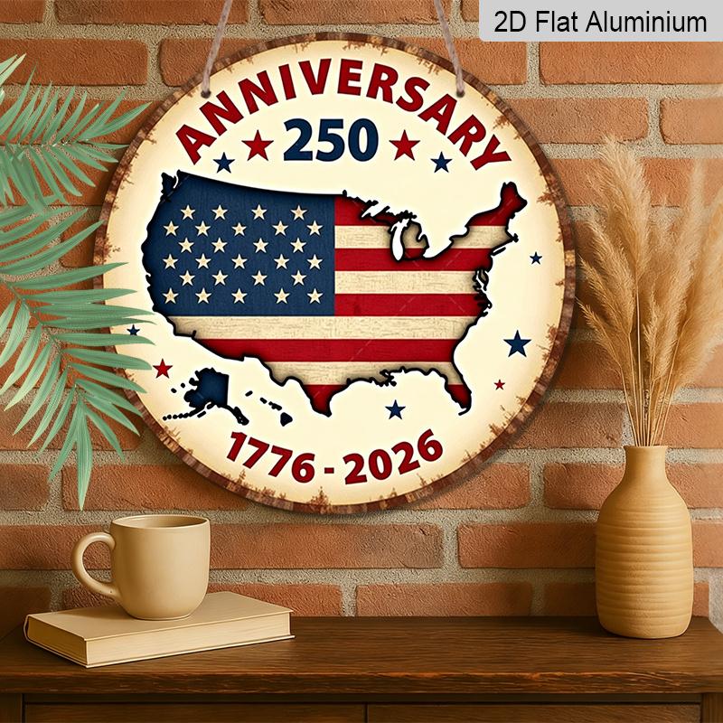 2D Flat, 1pc Round Aluminum America 250th Anniversary Sign - Freedom 250 Round Wall Decor with Flag & Fireworks Design, 1776-2026 Independence Day