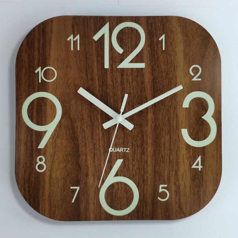 30cm Square Luminous Wooden Wall Clock Silent Clock MDF Wood Grain Luminous Creative Fluorescent Clock