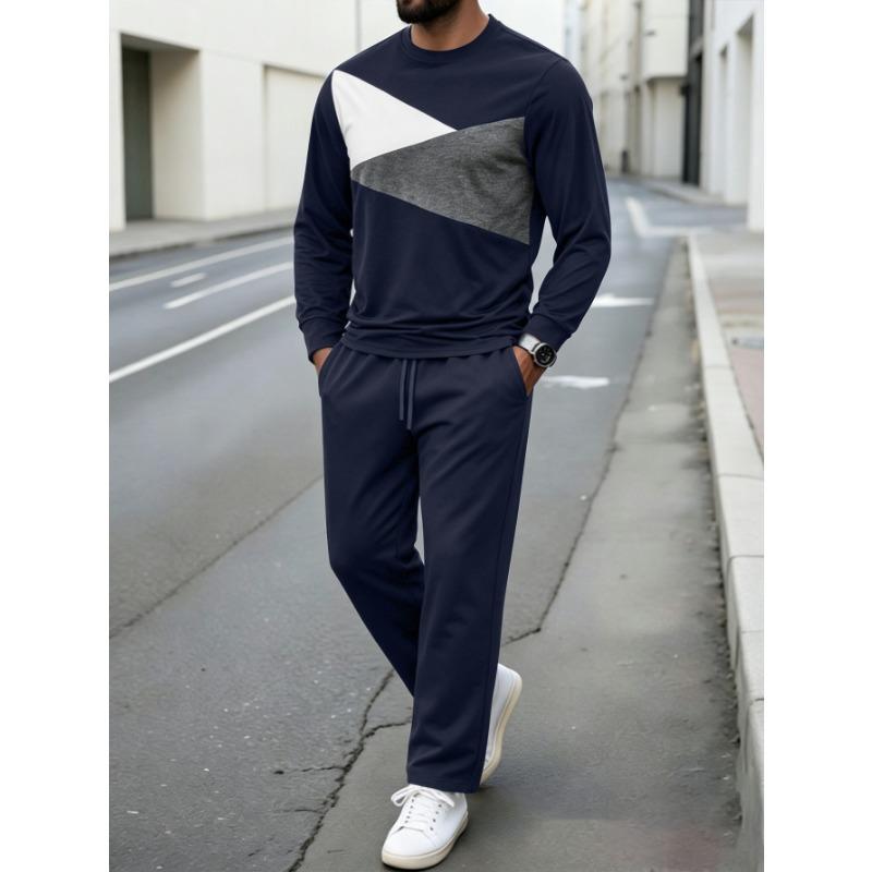 Mens Color Block Crew Neck Long Sleeve Casual Straight Pants Two Piece Outfit Set