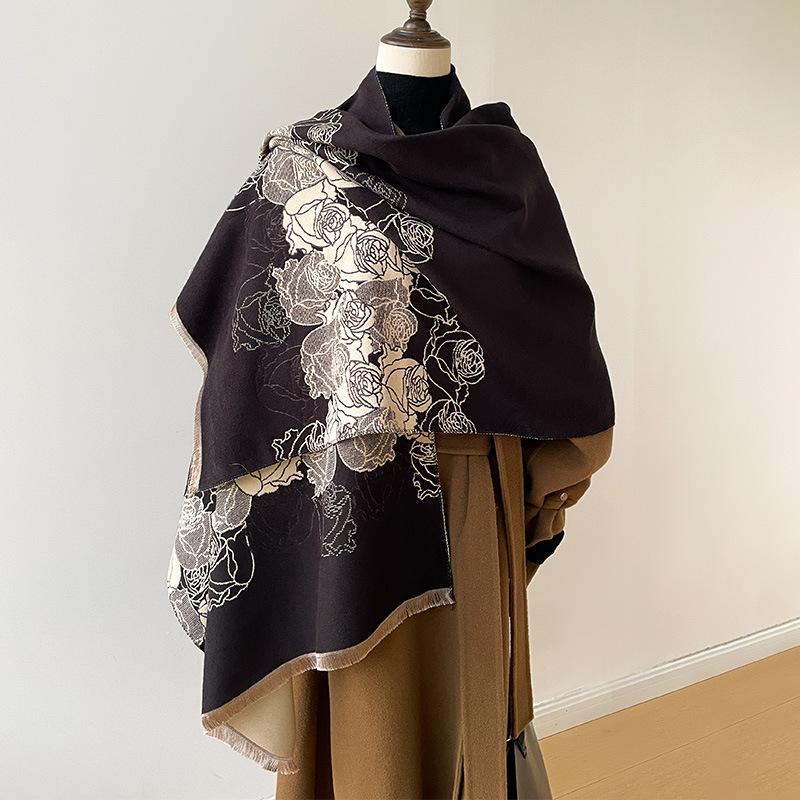 Warm Rose Clusters Fashionable and Elegant Women Contrasting Color Wind Imitation Cashmere Scarf Office Blanket Shawl Scarf