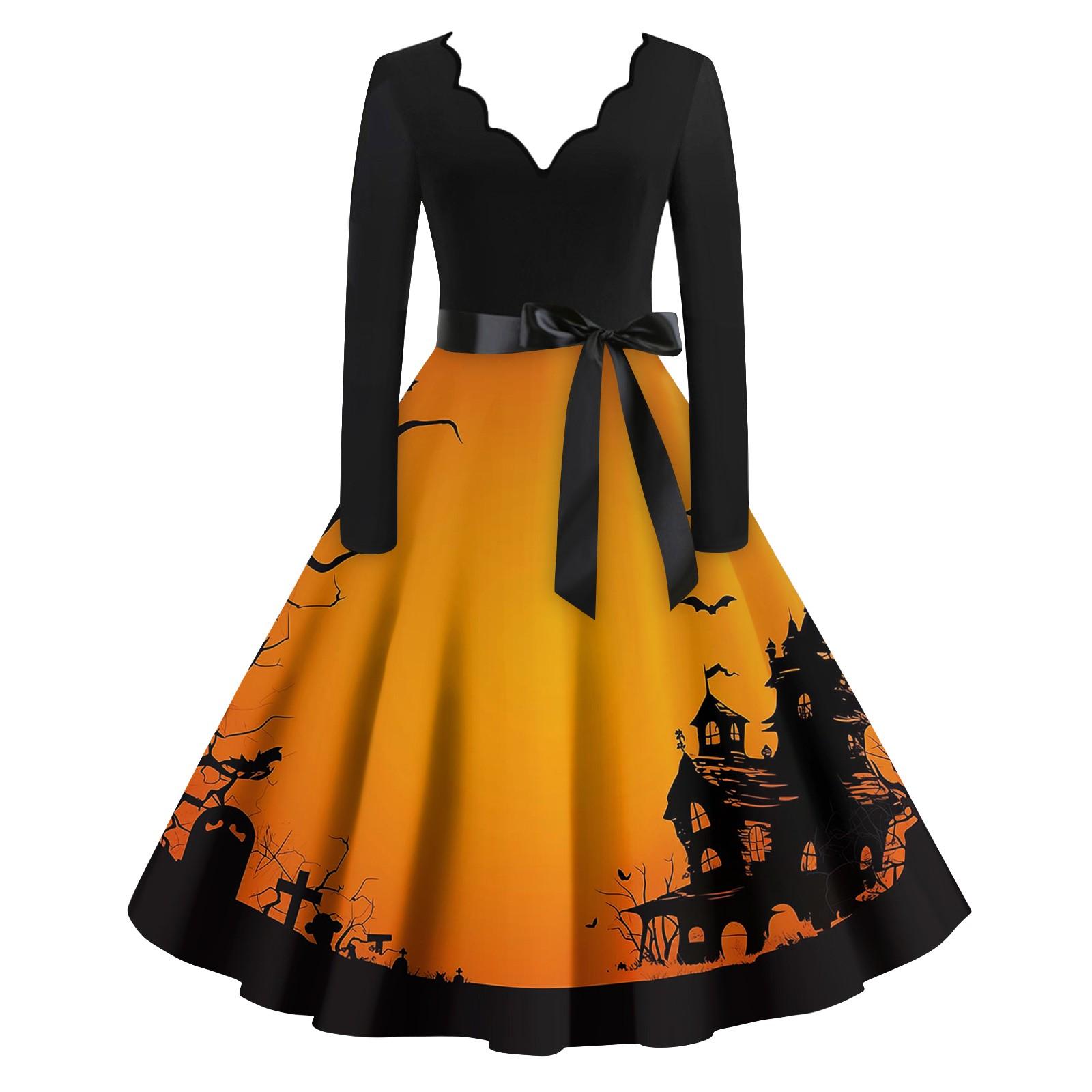 

Женские повседневные модные винтажные длинные платья с длинным рукавом на Хэллоуин и графическим принтом XXXL