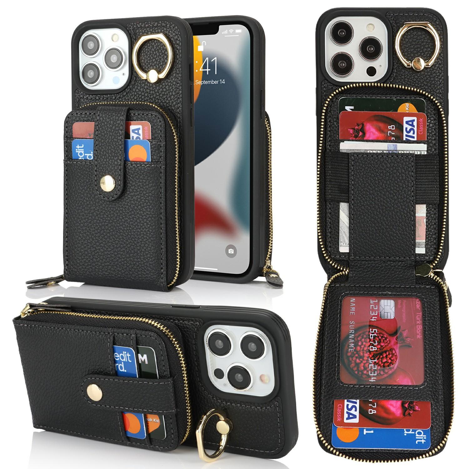 

For iPhone 13 Pro Max/12 Pro Max Case with Zipper Pouch/Ring Kickstand/Strap Litchi Texture PU + TPU Phone Cover F