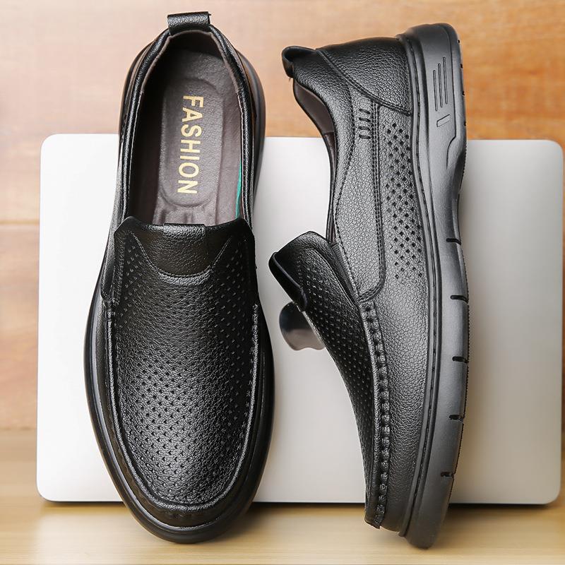 Summer Hollow Leather Shoes Men's Breathable Business Casual Leather Sandals One Pedal Soft-soled Middle-aged Men's Dad Shoes