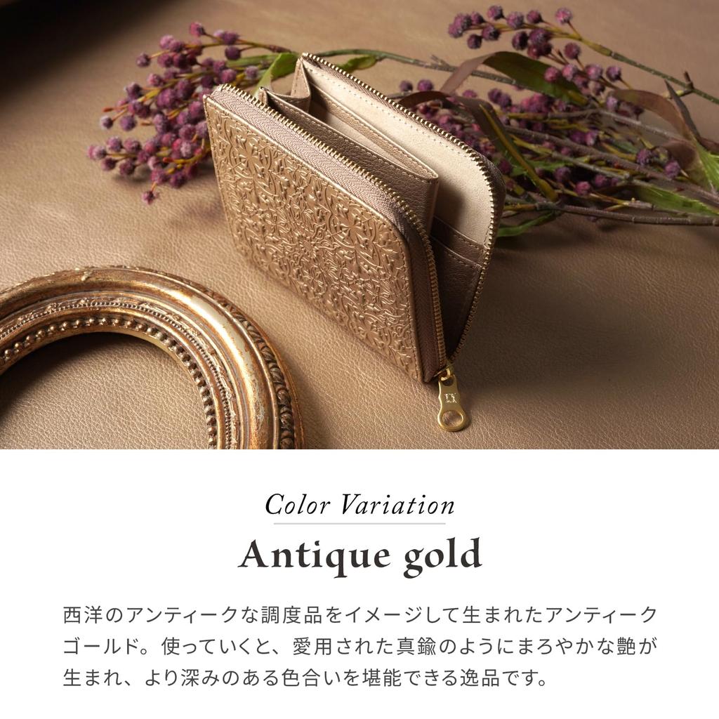 Genuine Leather Mini Wallet for Morris Antique Embossed Holds Bills Easy Card William Morris Gold [HIRAMEKI.] L-Zip Wallet, Women, Design, Folding,