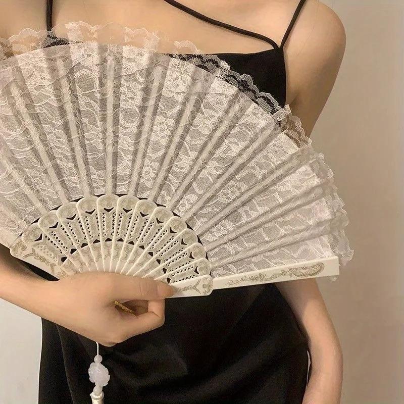 1pc Classic European Style Lace Fabric Hand Fan - Foldable Handheld Floral Design Women Weddings Nightclubs Cosplay