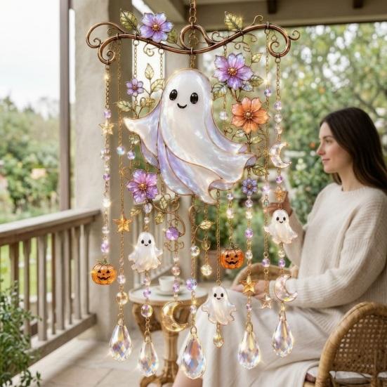 Seasonal Party Hanging Decor Halloween Wind Chime, Colorful Bird Sun Catcher, Cute Garden Ghost Windchime, Decoration for Patio Yard Faux Crystal
