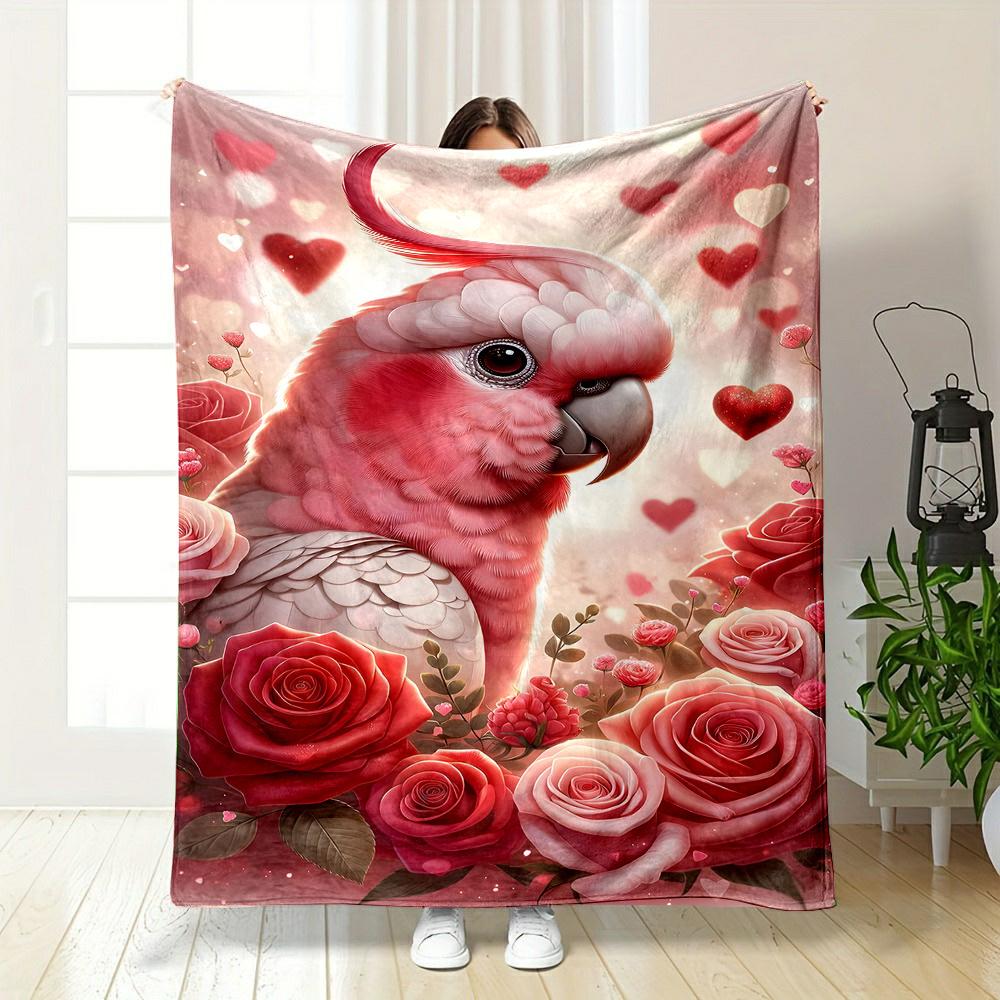 1pc Cozy Reversible Polyester Flannel Throw Blanket with Cute Pink Parrot and Vibrant Roses Print, Contemporary Style, All-Seaso 75X95CM