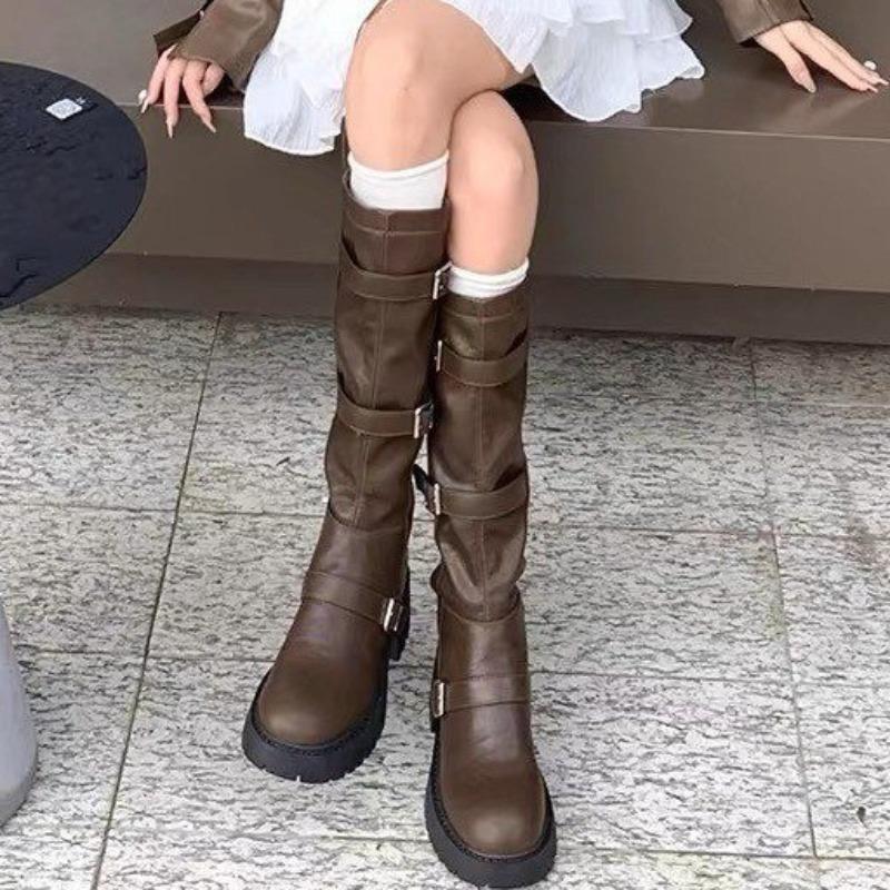 Fashion Women's Knee High Boots New Autumn Belt Buckle Chunky Heel Shoes for Women Outdoor Dress Women's Thigh High Riding Boots Zapatos
