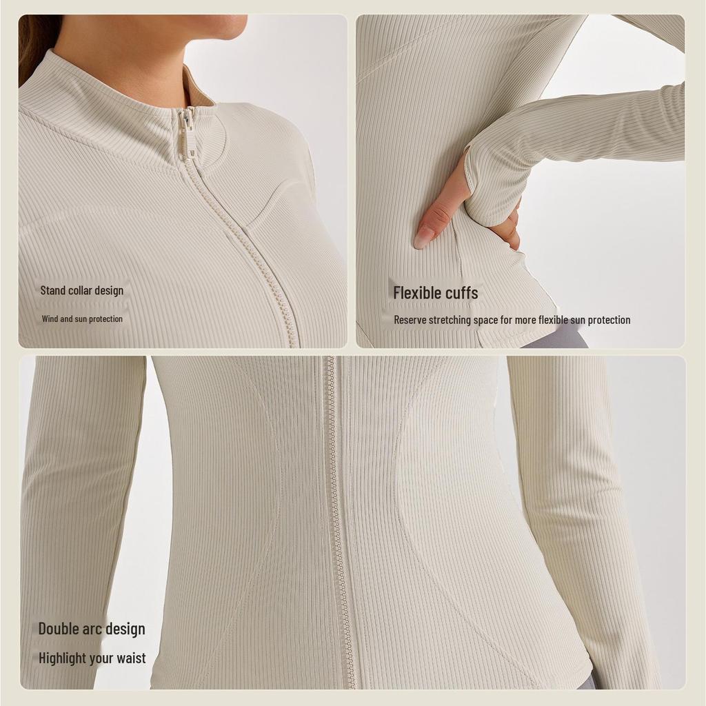 Dámská úzká žebrovaná bunda na jógu - Prodyšná, Ochrana proti slunci, Dlouhý rukáv pro venkovní fitness