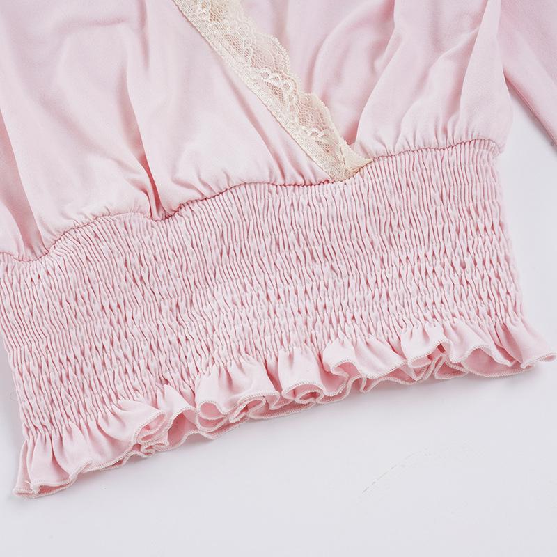 Spicy Girl Pink Lace Patchwork Ruched V-Neck Base Shirt