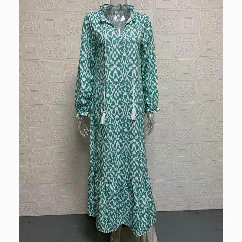 Elegante, lockere, bedruckte Freizeitkleider mit V-Ausschnitt für Damen, übergroßes langärmeliges Kleid für Damen, modisch, elegant, Vintage, Übergröße, Damenkleid 24220