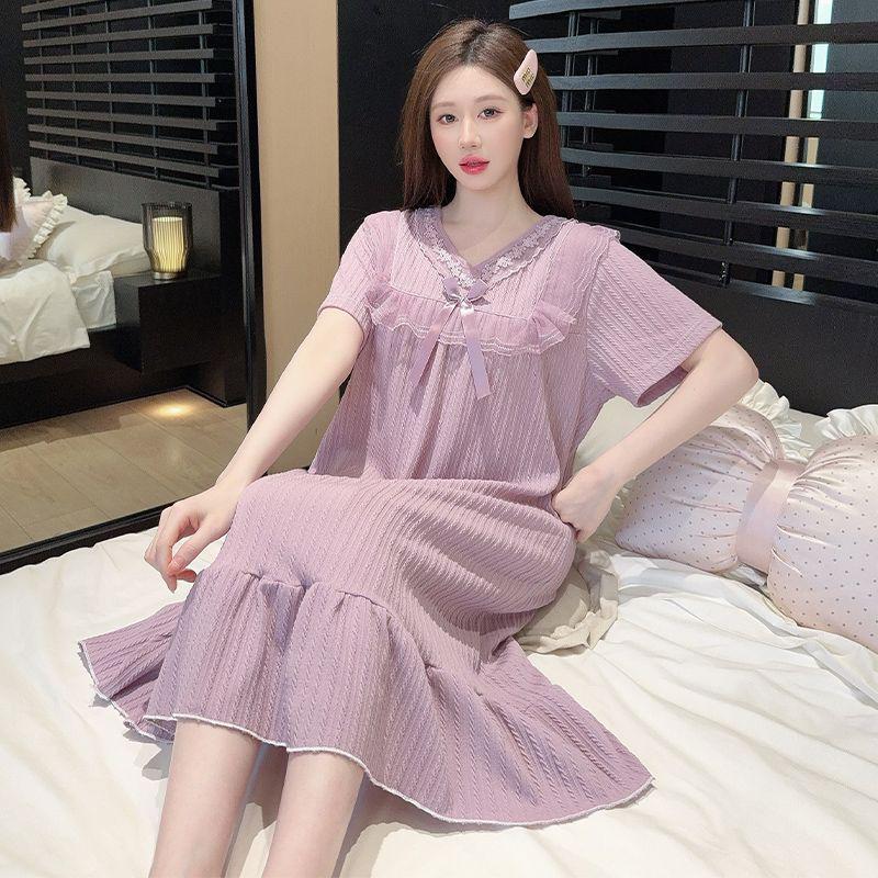 Plus Size Purple Jacquard Nightgown (Short Sleeve, Lace, Princess Style) M