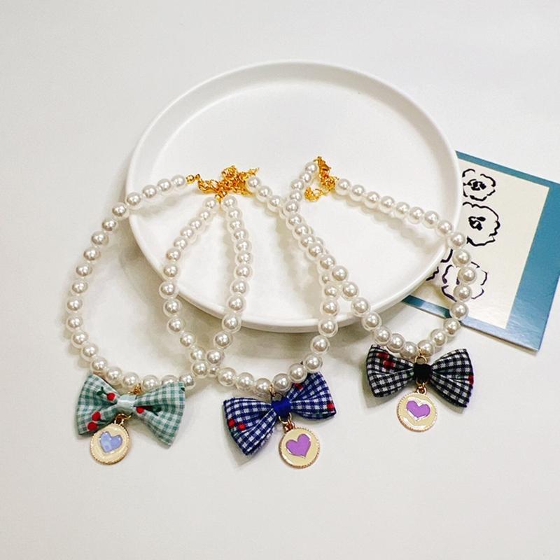 Pet Bowknot Adjustable Collar Cat Jewelry Pendant Princess Pearl Necklace Puppy Collar Decorative Dog Collar Accessories