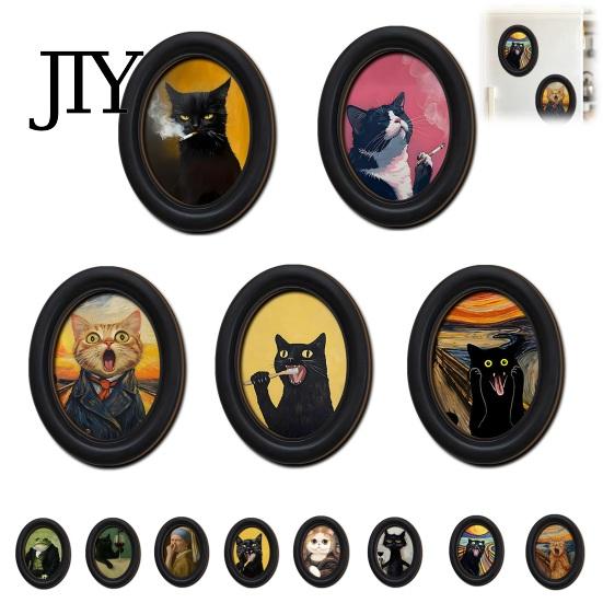 Modern Wood Wall Decoration Abstract Art Cat Decor, Oval 2D Framed Funny Painting Contemporary Birch Print, Vintage Ornament for Living Room