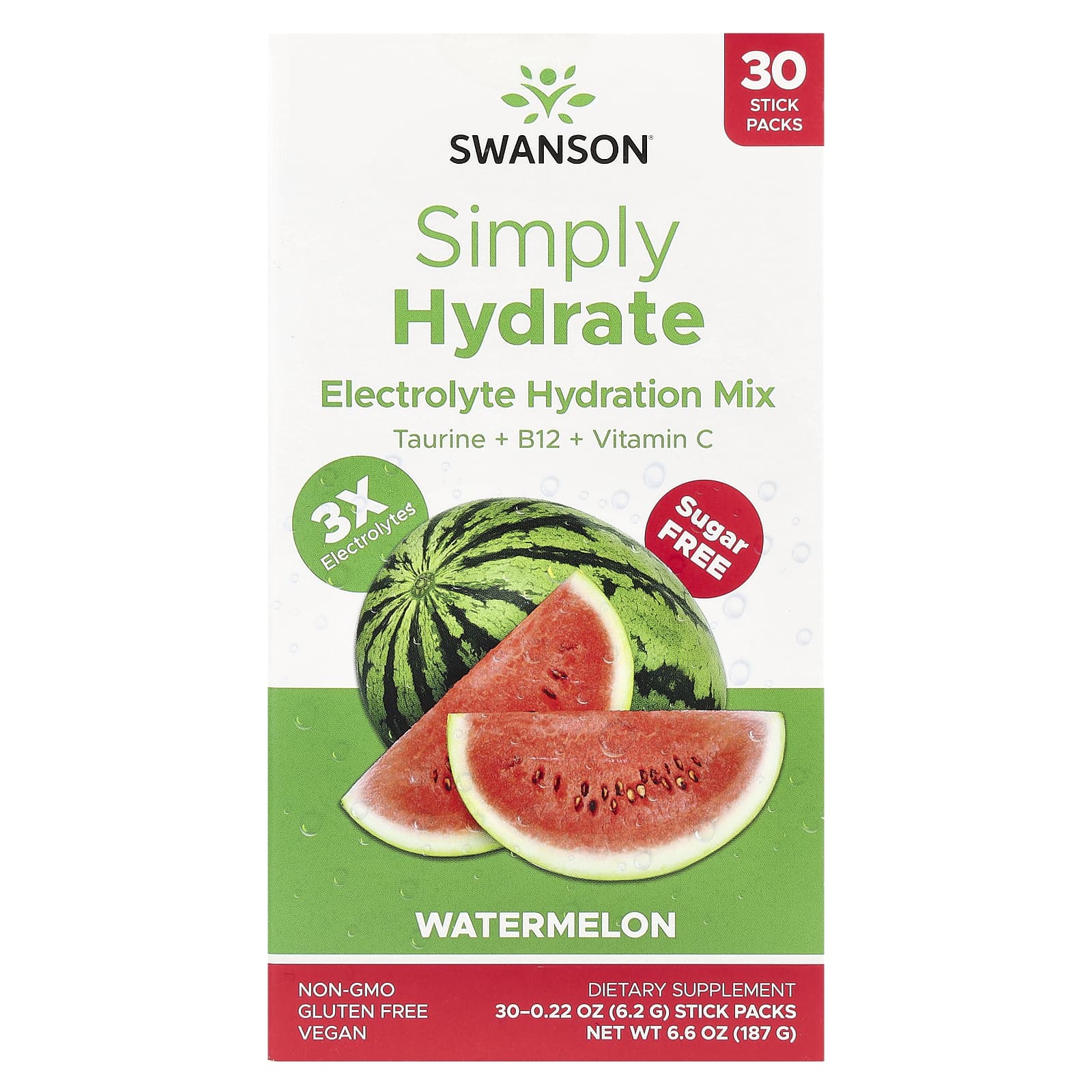 

Simply Hydrate, Electrolyte Hydration Mix, Watermelon Flavor, 30 Stick Packs, 6.2G (0.22Oz) Each
