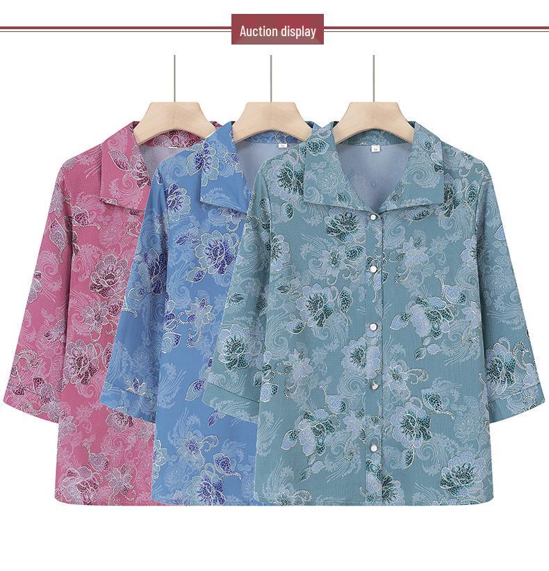 Printed Short-Sleeve Shirt for Middle-Aged Women, Loose Lapel Cardigan for Seniors