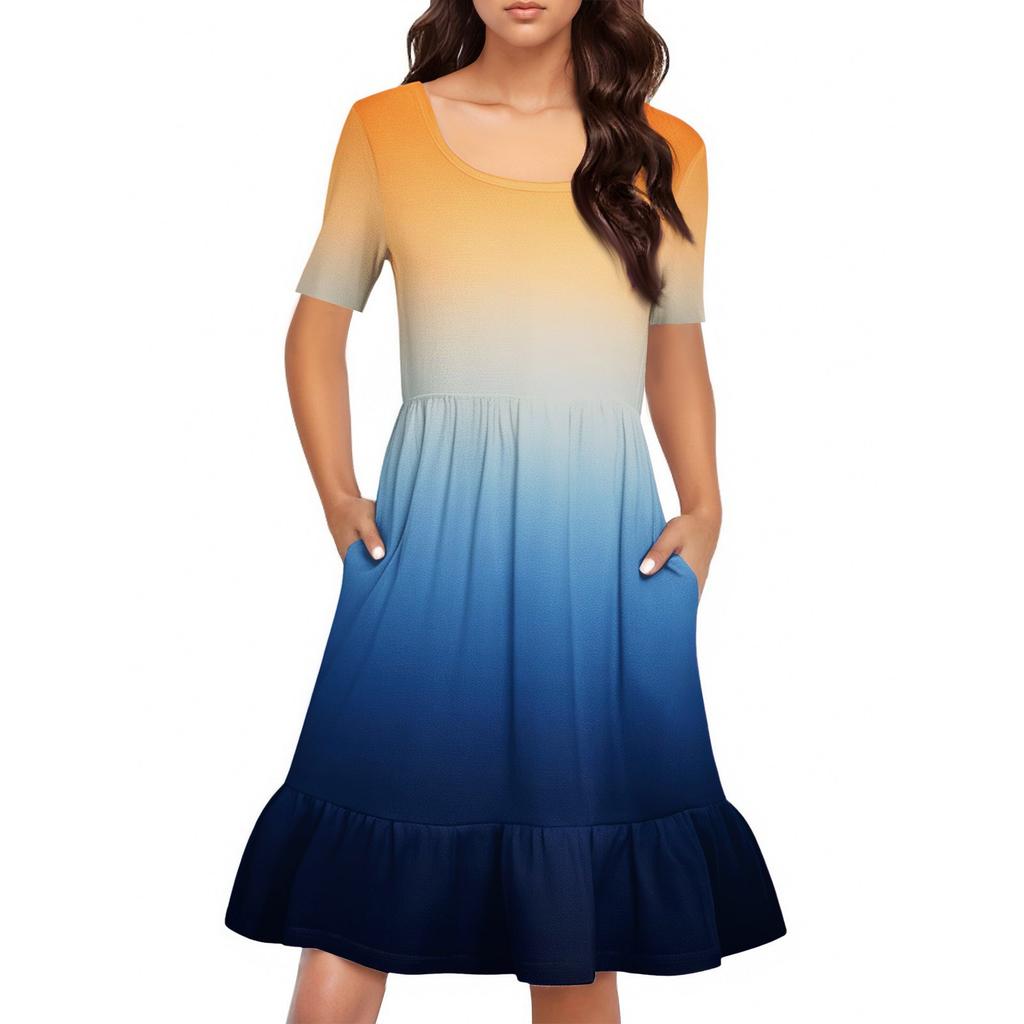 Dámské ležérní šaty s kulatým výstřihem a krátkým rukávem, volný pas, plisované šaty, plisované šaty v pase