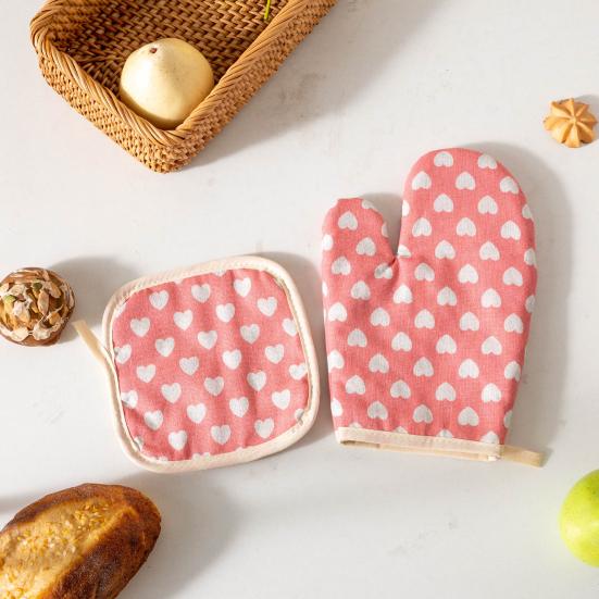 Thickened Cotton Oven Mitts with Heart Print Heat-Resistant Baking Gloves for Microwave Grill & Cooking Non-Slip Breathable Kitchen Essential
