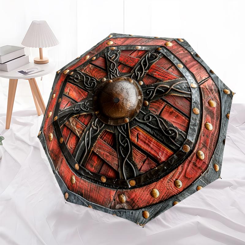 1 Stück Automatischer Faltregenschirm - Wikinger-Schild-Muster, Tragbares & Faltbares Design mit 8 Speichen, Weihnachts-Geburtstagsgeschenke