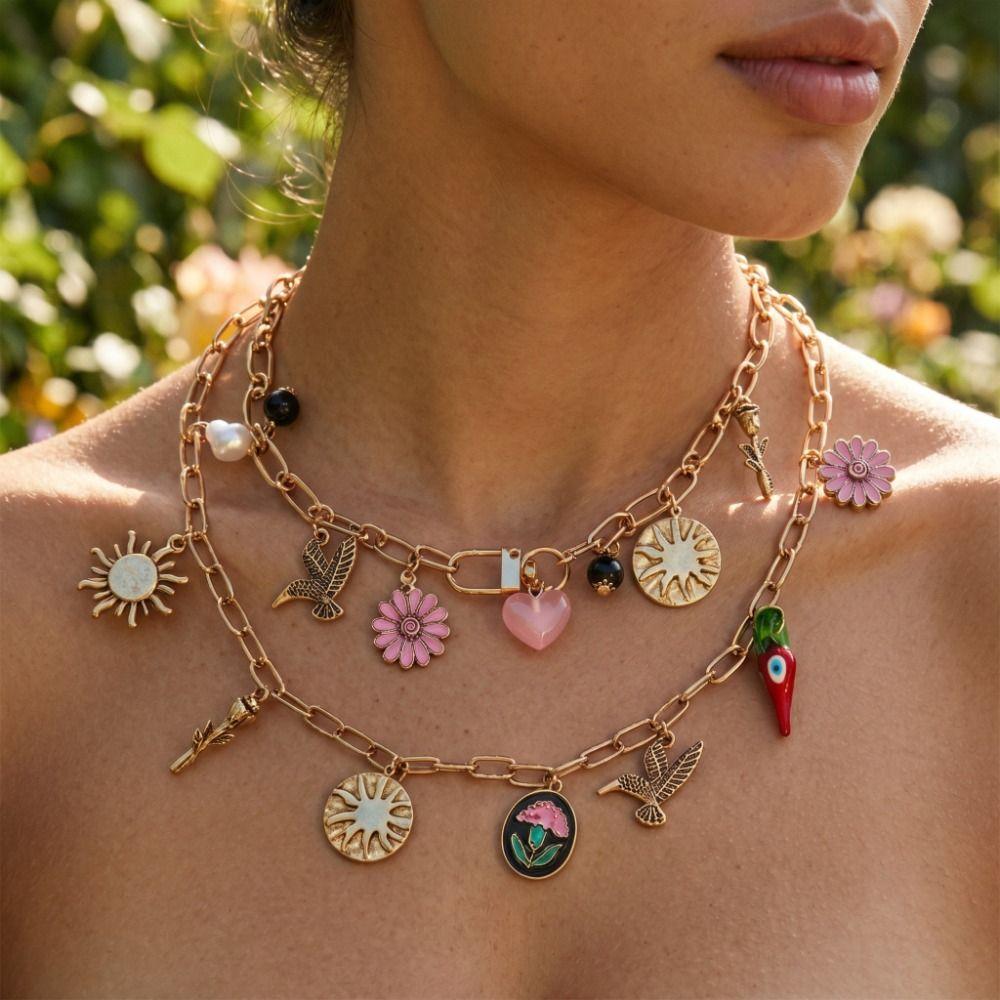 Multilayer Stacked Flower Pendant Necklace Flying Bird Bohemian Collarbone Chain Spring/Summer