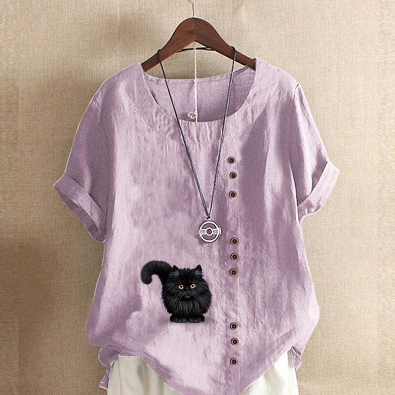 Women's Fashion Black Cat Prined Round Neck Short Sleeve T-shirt Casual Cotton Linen Graphic Shirt Leisure Loose Summer Blouse Tops