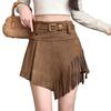 Literary and Retro Fringed Skirt, Free Belt for Women's Irregular High-waisted A-word Skirt, Design Sense Suede Skirt Fringe Western Cowboy Skort